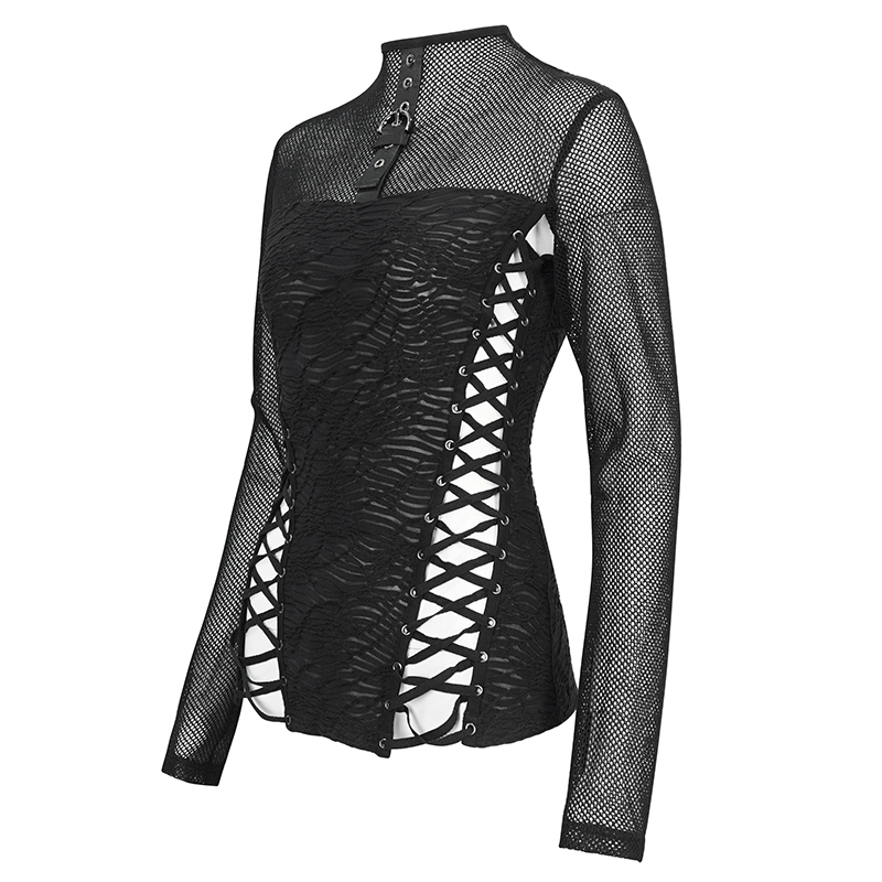 Black Gothic Mesh Long-Sleeves Top with Lace-Up Sides - HARD'N'HEAVY