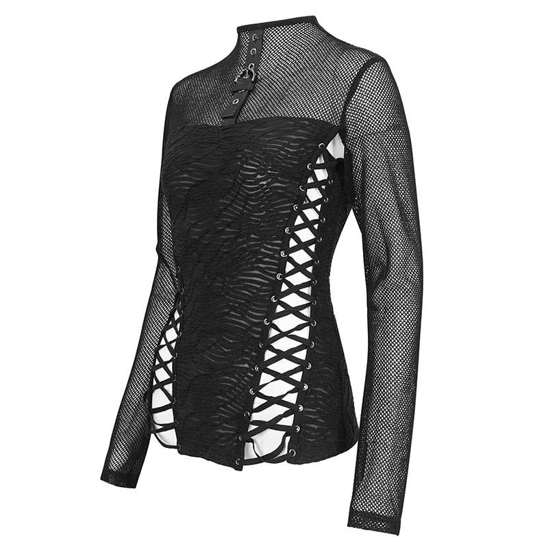 Gothic black mesh long-sleeve top featuring lace-up sides for style and adjustability.