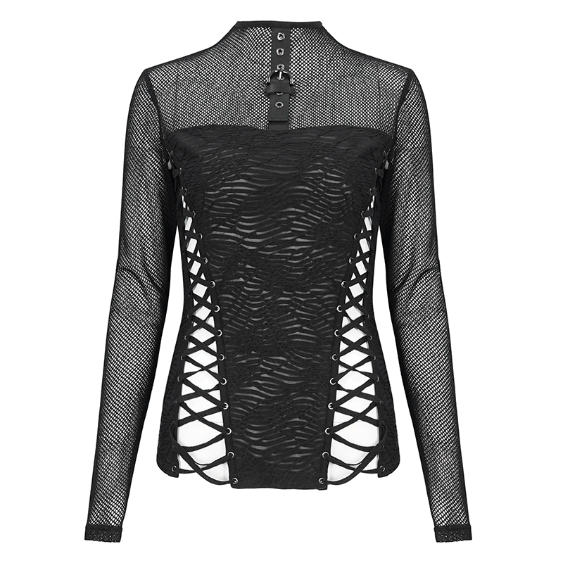 Black Gothic Mesh Long-Sleeves Top with Lace-Up Sides - HARD'N'HEAVY