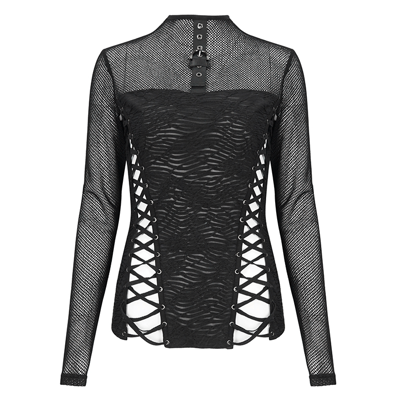 Black gothic mesh long-sleeves top with lace-up sides for a daring style and perfect fit.