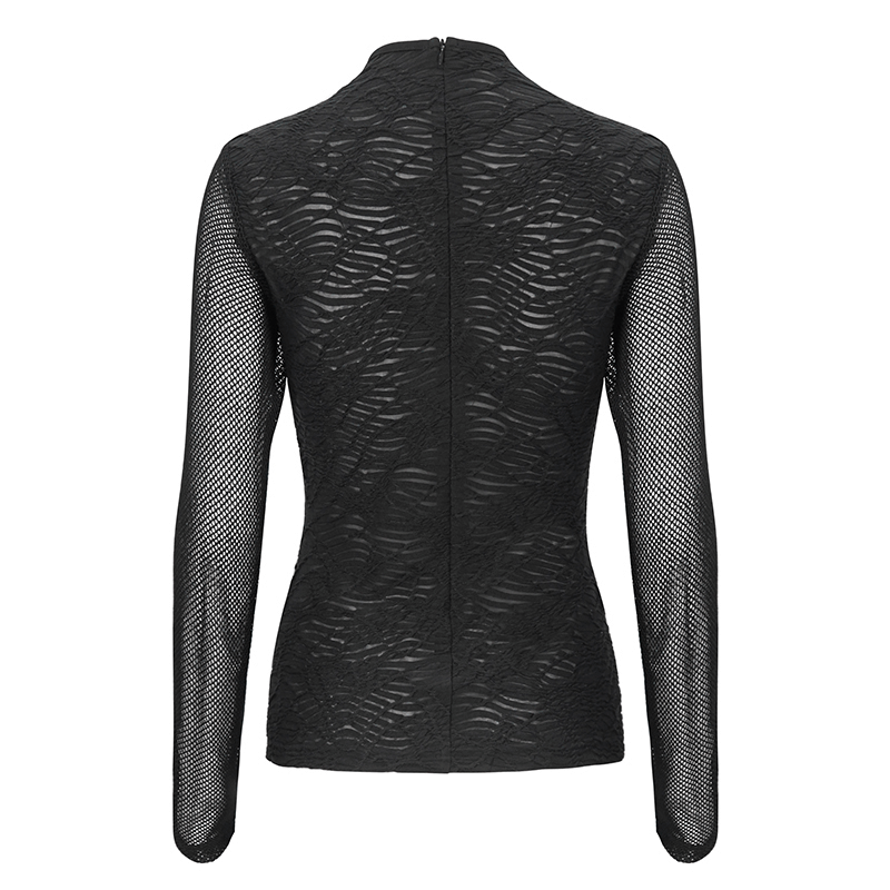 Back view of a black gothic mesh long-sleeve top with intricate textures and elegant lace-up design.