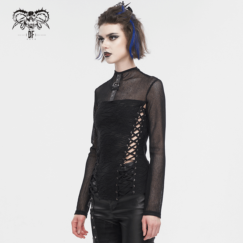 Black gothic mesh long-sleeve top with lace-up sides, showcasing stylish elegance and unique design.