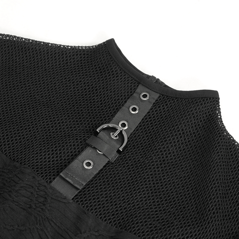 Close-up of black gothic mesh top with lace-up sides and adjustable buckle detail.