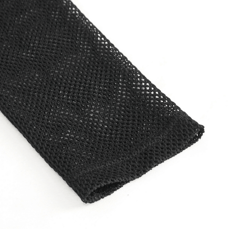Close-up of black mesh fabric showcasing a textured design, perfect for gothic fashion.