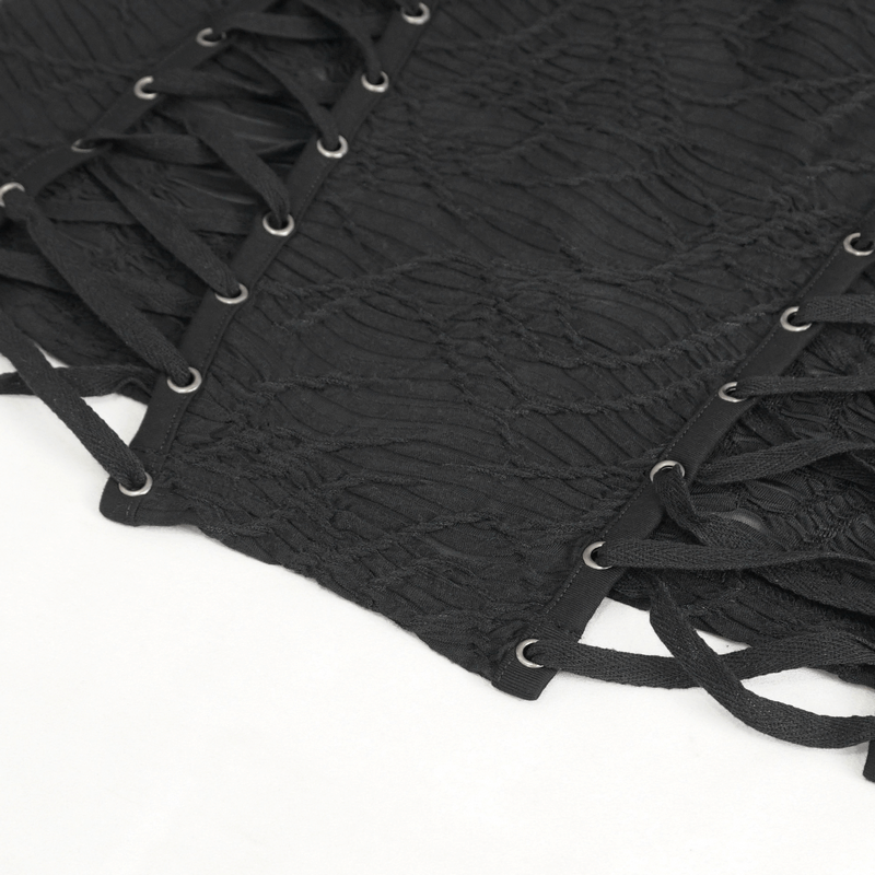 Close-up of black gothic mesh top featuring lace-up sides and intricate detailing for a daring style.