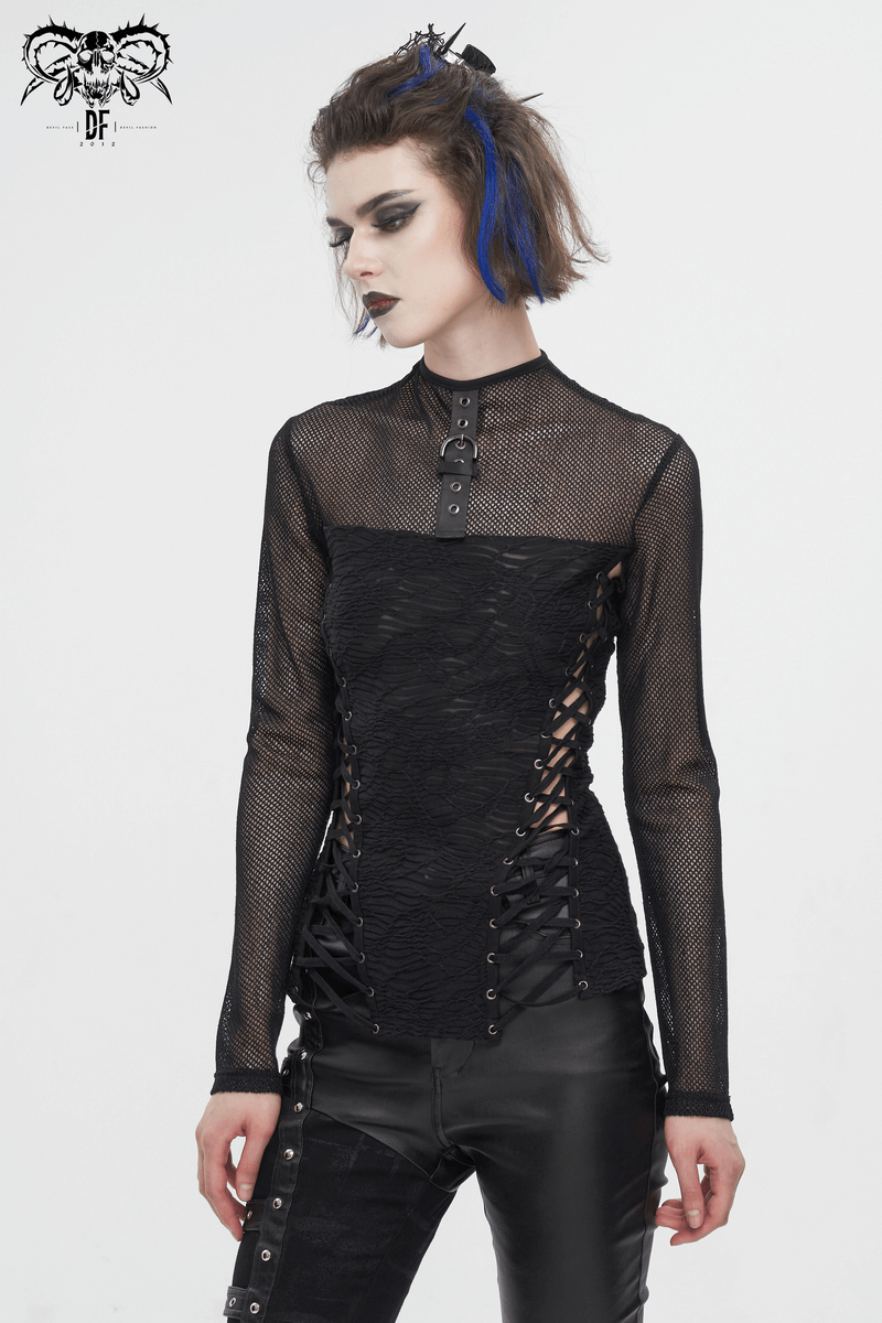 Black gothic mesh long-sleeves top with lace-up sides for a bold, stylish look.