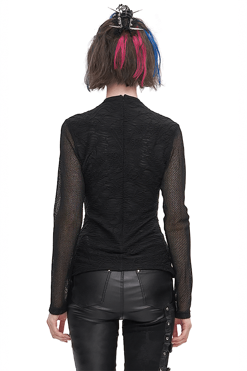 Back view of a black gothic mesh long-sleeve top with lace-up sides, styled with sleek leather pants.
