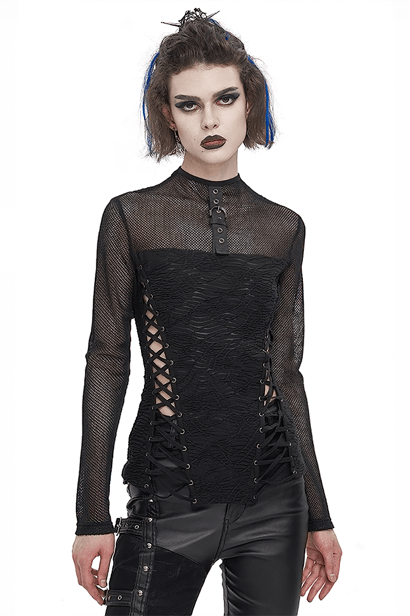 Black Gothic mesh long-sleeve top with lace-up sides for a stylish and edgy look.
