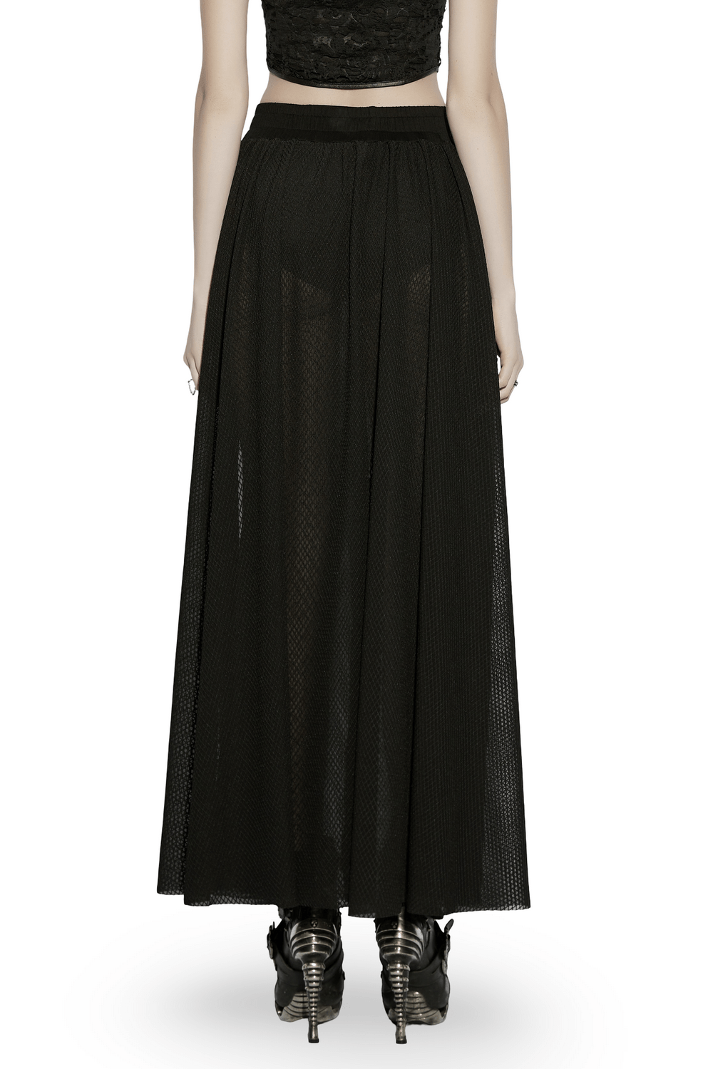 Black Gothic Mesh Maxi Skirt with Side Slit Detail showcased from the back view, featuring sheer mesh fabric.