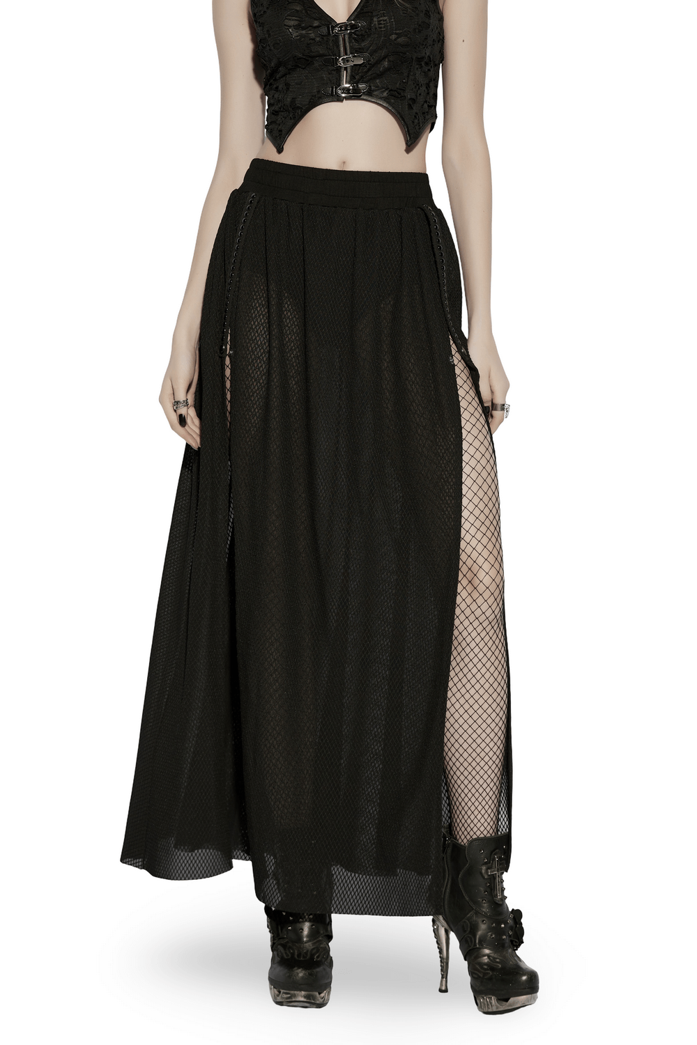 Black Gothic Mesh Maxi Skirt with Side Slit Detail for a dramatic and edgy look.
