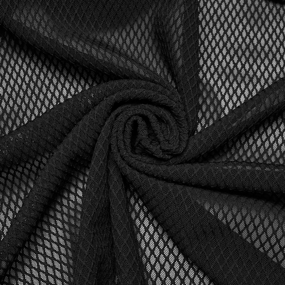 Black Gothic Mesh Maxi Skirt with Side Slit Detail fabric showing intricate mesh design in black.