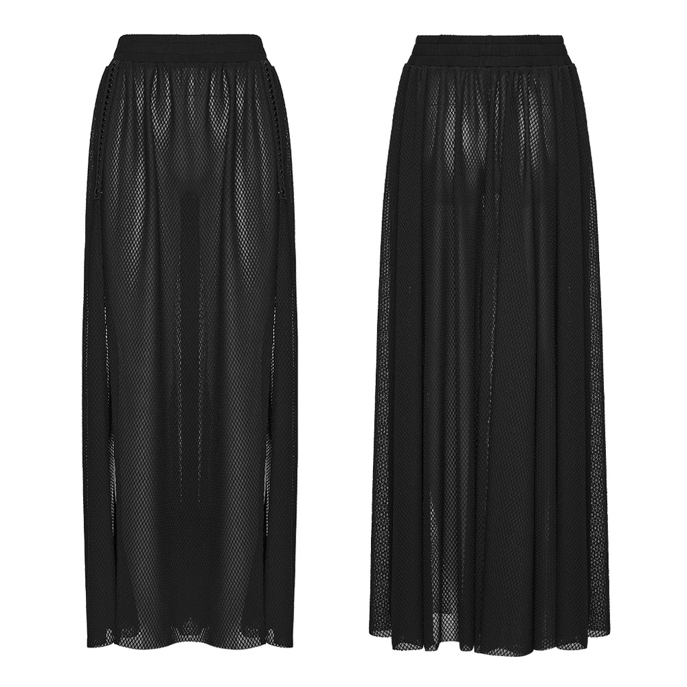 Black Gothic Mesh Maxi Skirt with Side Slit Detail, elegant black mesh design with slits for a stylish look.