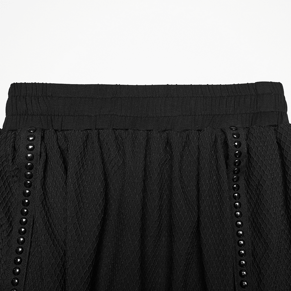 Black Gothic Mesh Maxi Skirt with Side Slit Detail waistband featuring decorative buttons on the side.