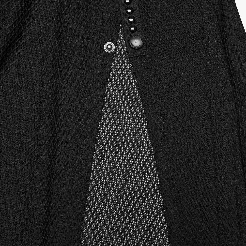 Black Gothic Mesh Maxi Skirt with Side Slit Detail showcasing intricate mesh design and button embellishments.