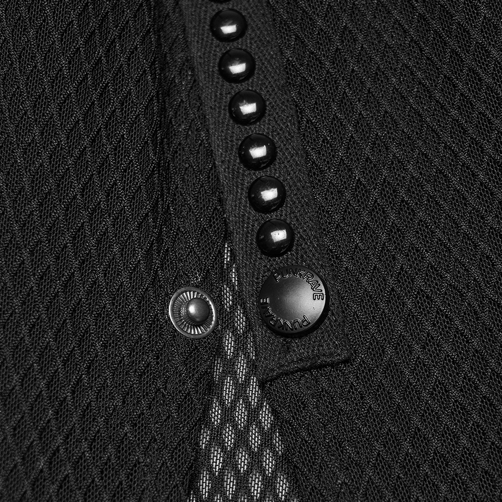 Black Gothic Mesh Maxi Skirt with Side Slit Detail fabric close-up showing texture and button details.