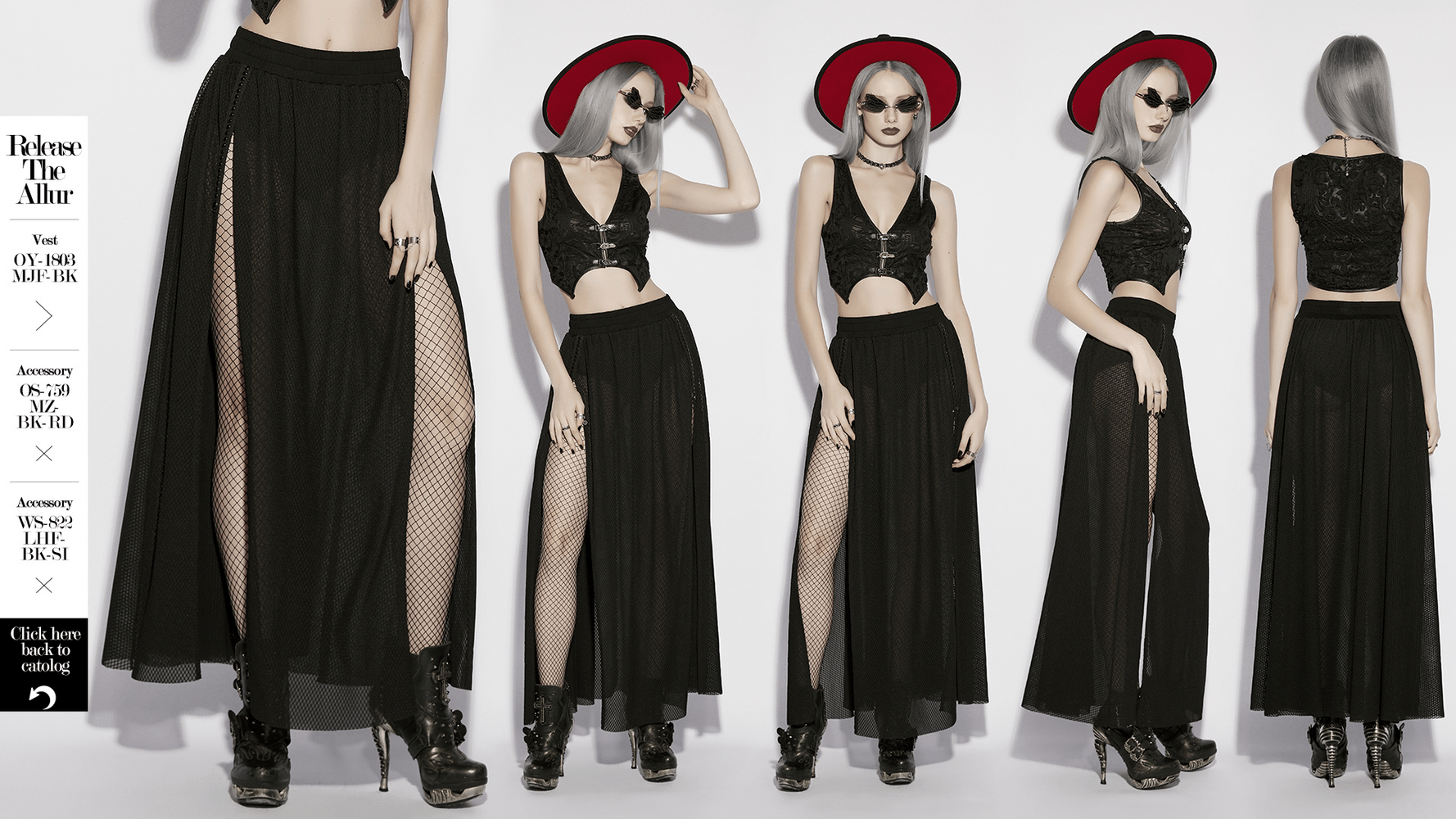 Black Gothic Mesh Maxi Skirt with Side Slit Detail showcased from multiple angles on a stylish model.