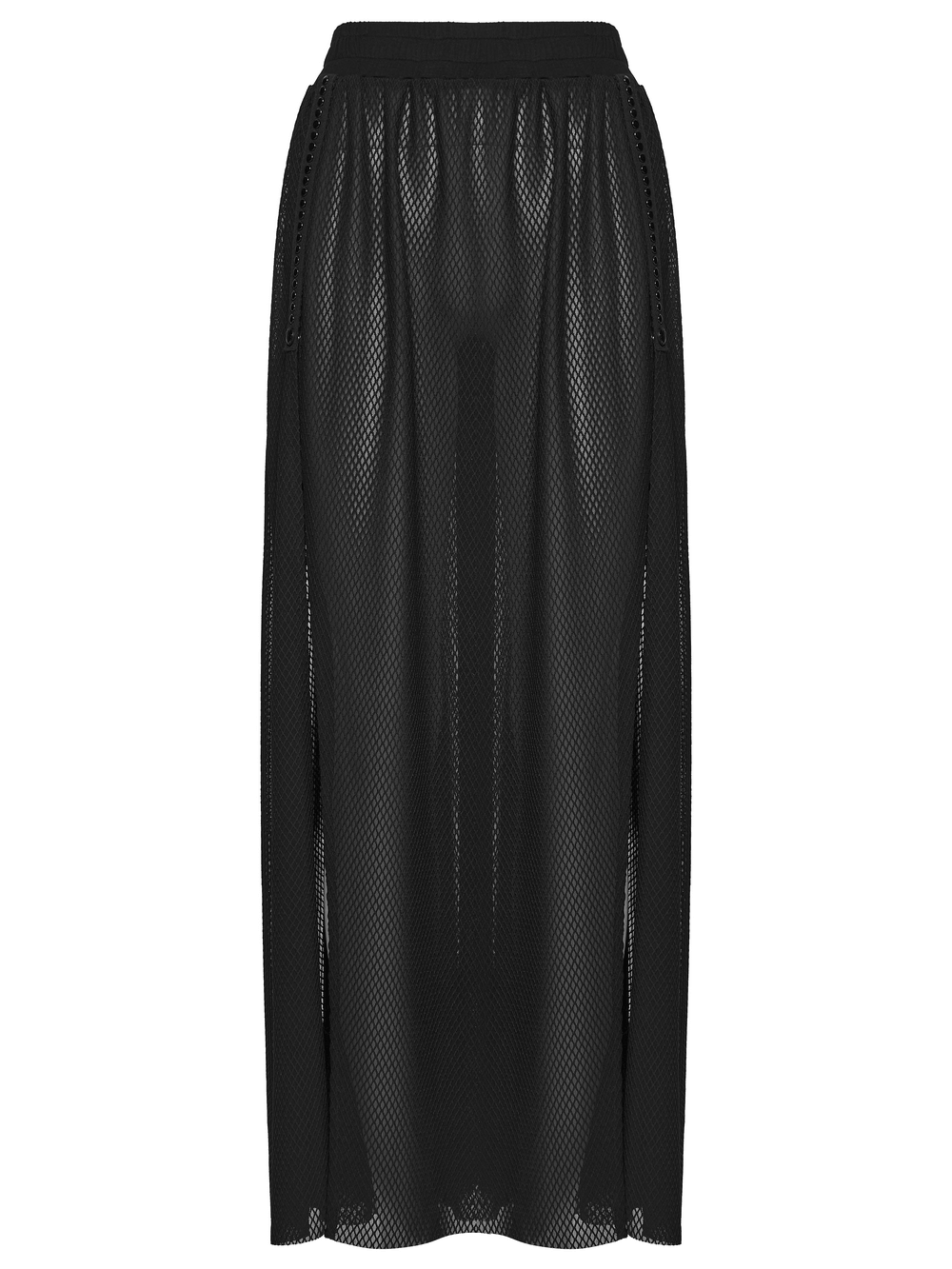 Black Gothic Mesh Maxi Skirt with Side Slit Detail showcasing stylish mesh design and elegant side slits.