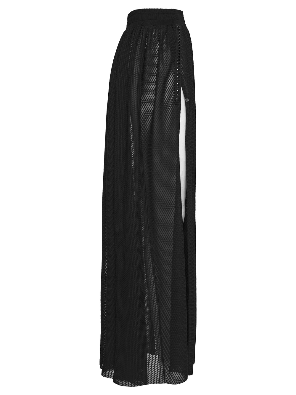 Black Gothic Mesh Maxi Skirt with Side Slit Detail showcasing a flowing design and stylish mesh fabric.