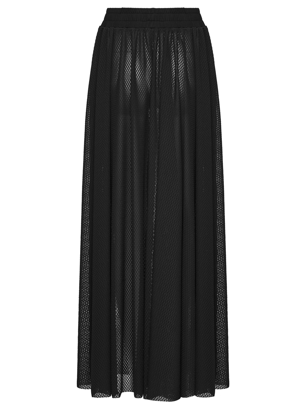 Black Gothic Mesh Maxi Skirt with Side Slit Detail showing elegant sheer design and flowy silhouette.