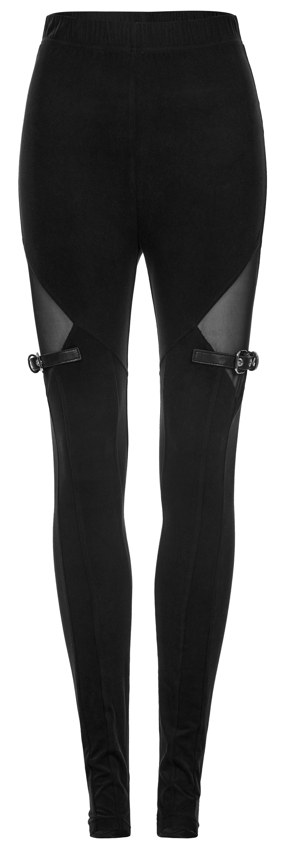 Black Gothic mesh-panel leggings with buckle accents for a punk-inspired aesthetic.