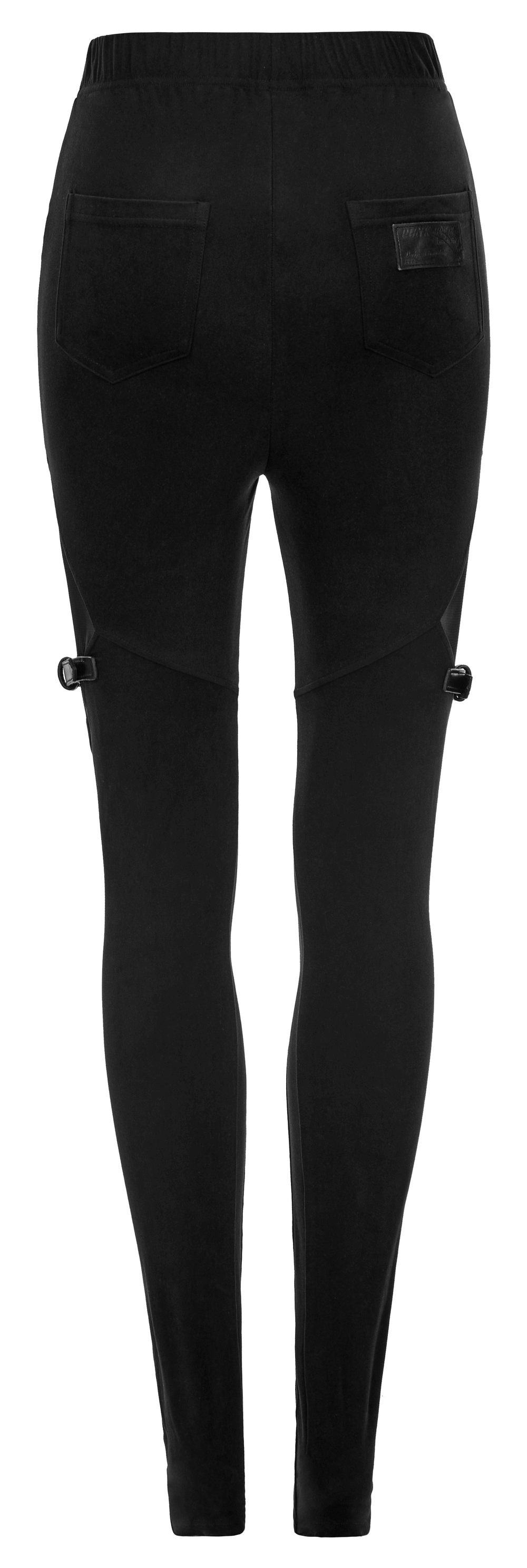 Back view of black gothic leggings featuring mesh panels and buckle accents for an edgy punk style.