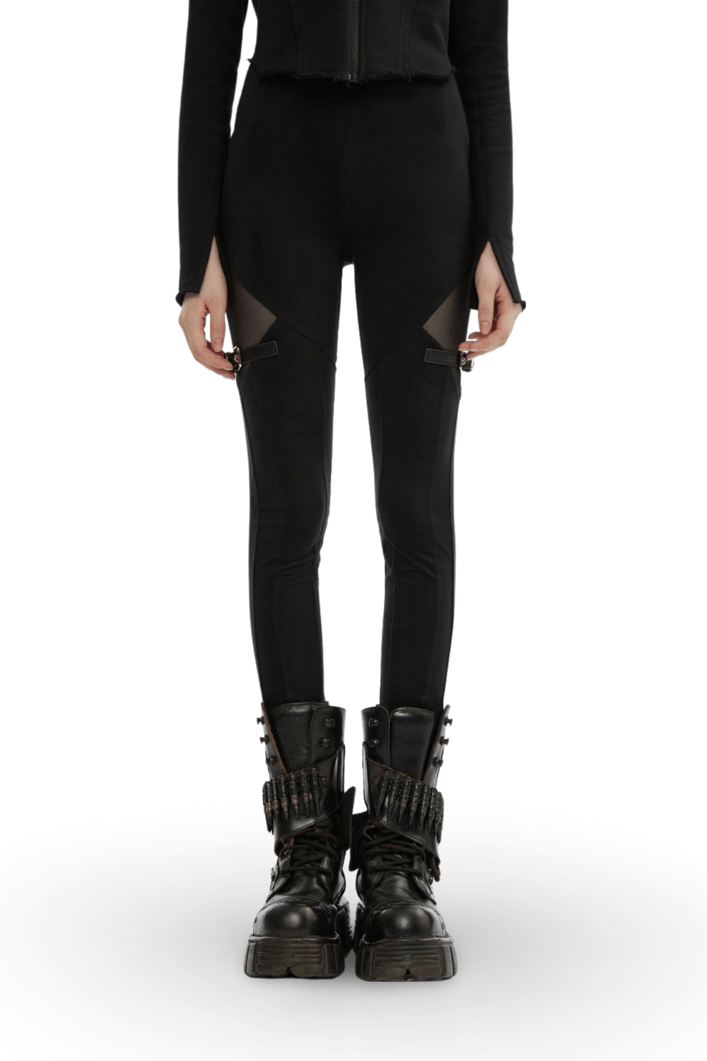 Edgy black Gothic leggings with mesh panels and buckle accents, paired with chunky punk boots.