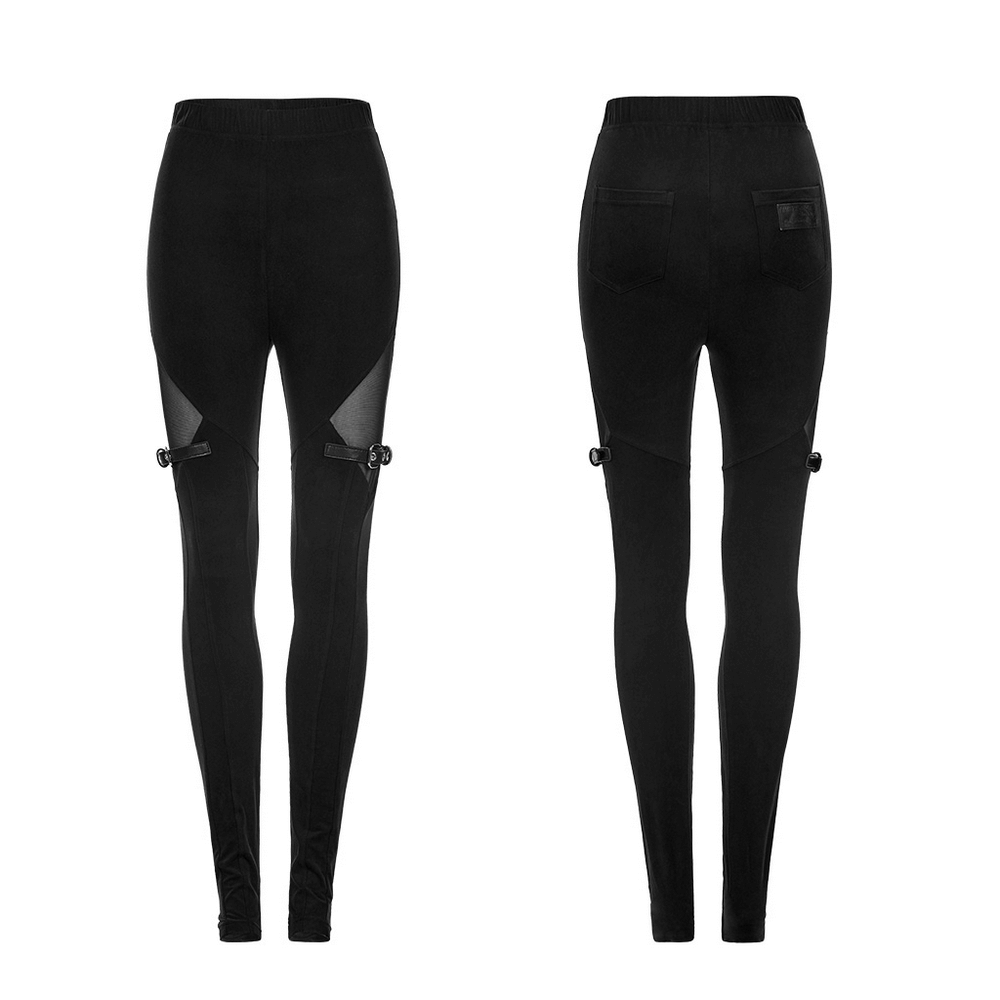 Black Gothic mesh-panel leggings with buckle accents, featuring elastic waistband and punk-inspired design.