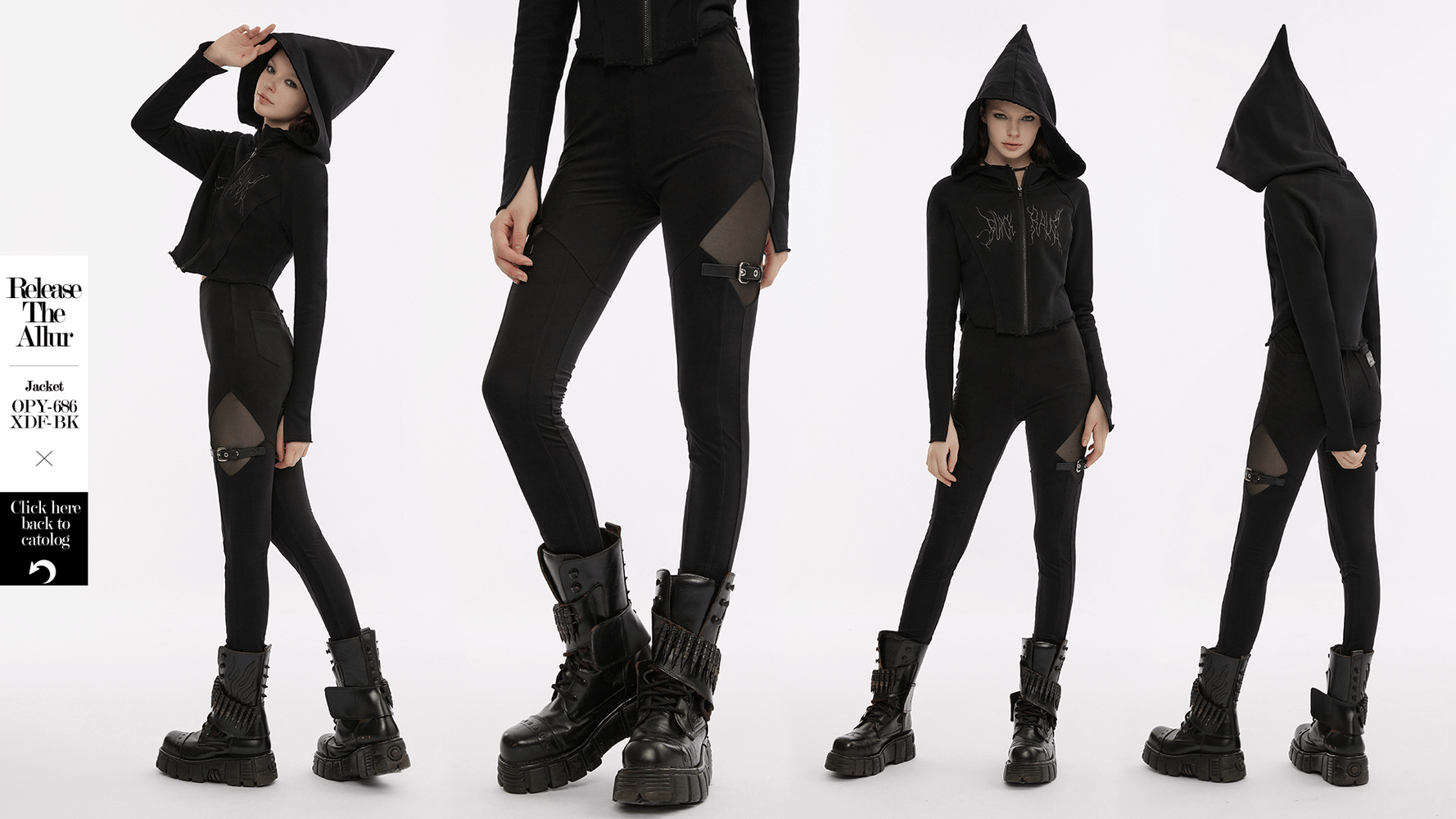 Black Gothic mesh-panel leggings with buckle accents, styled with a punk-inspired aesthetic, featuring unique spliced designs.