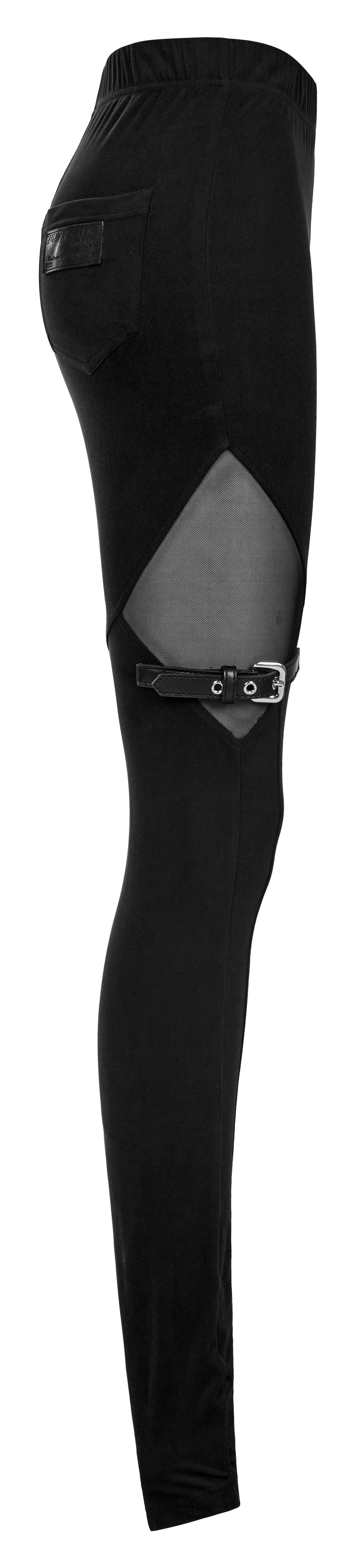 Black Gothic leggings featuring mesh panels and buckle accents for a bold punk aesthetic.