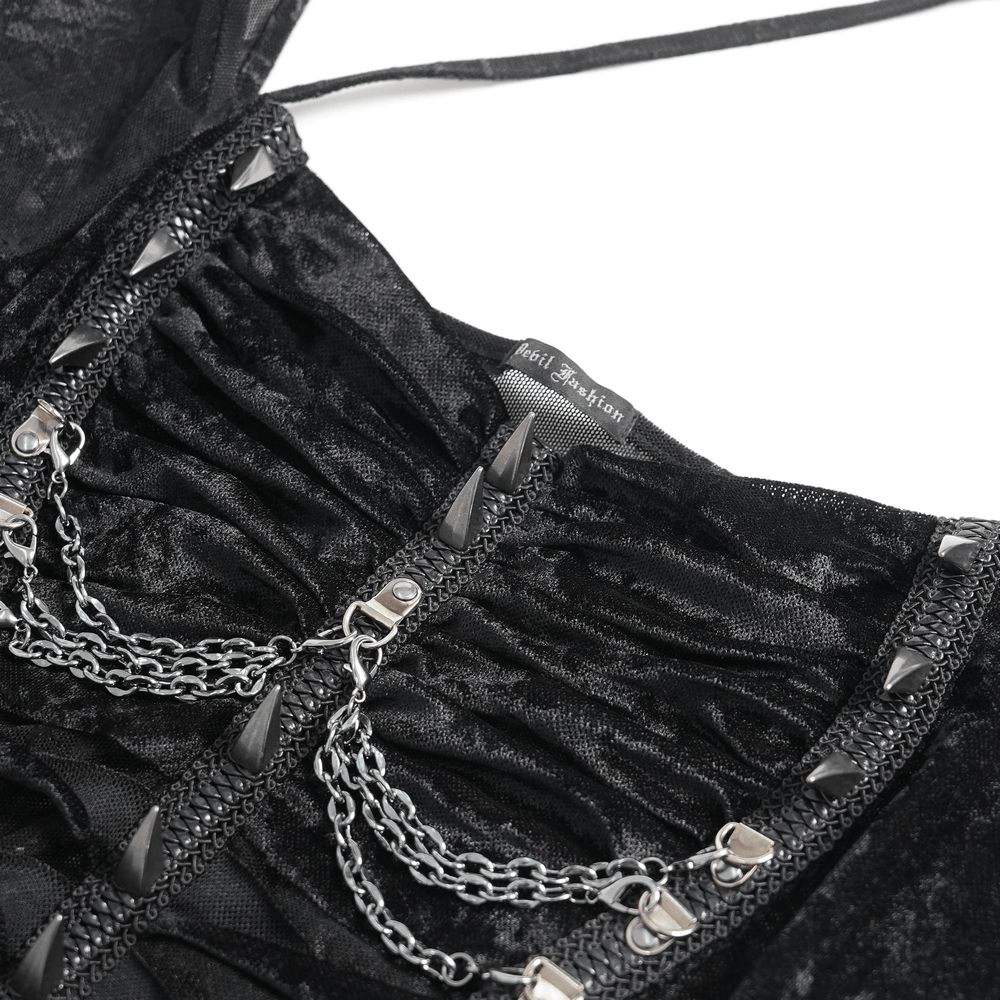 Black Gothic Mesh Short-Sleeved Top with Chains and Lacing close-up showing intricate design details and textures.