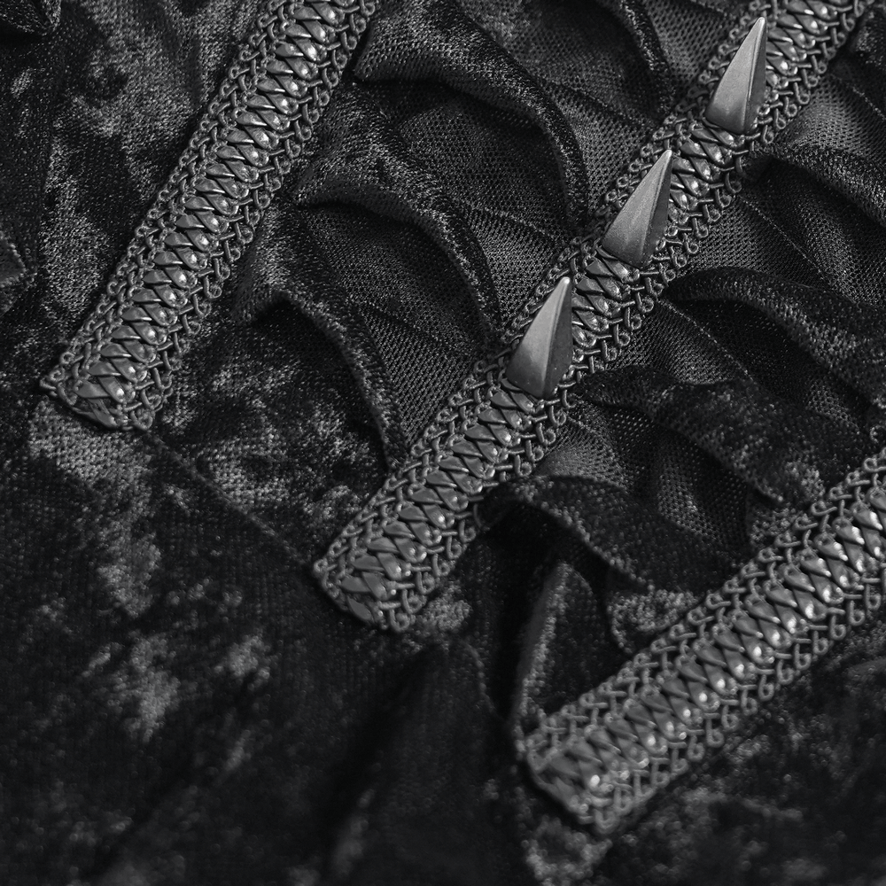 Close-up of the Black Gothic Mesh Short-Sleeved Top with Chains and Lacing, showcasing intricate design details.
