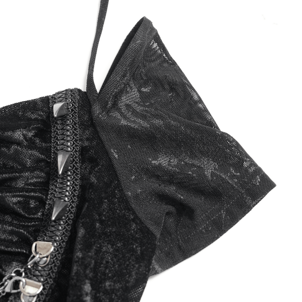 Detailed close-up of the Black Gothic Mesh Short-Sleeved Top with Chains and Lacing featuring unique texture and design.