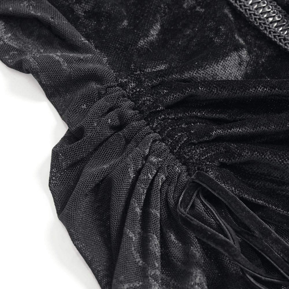 Black Gothic Mesh Short-Sleeved Top with Chains and Lacing close-up showcasing unique textures and details.