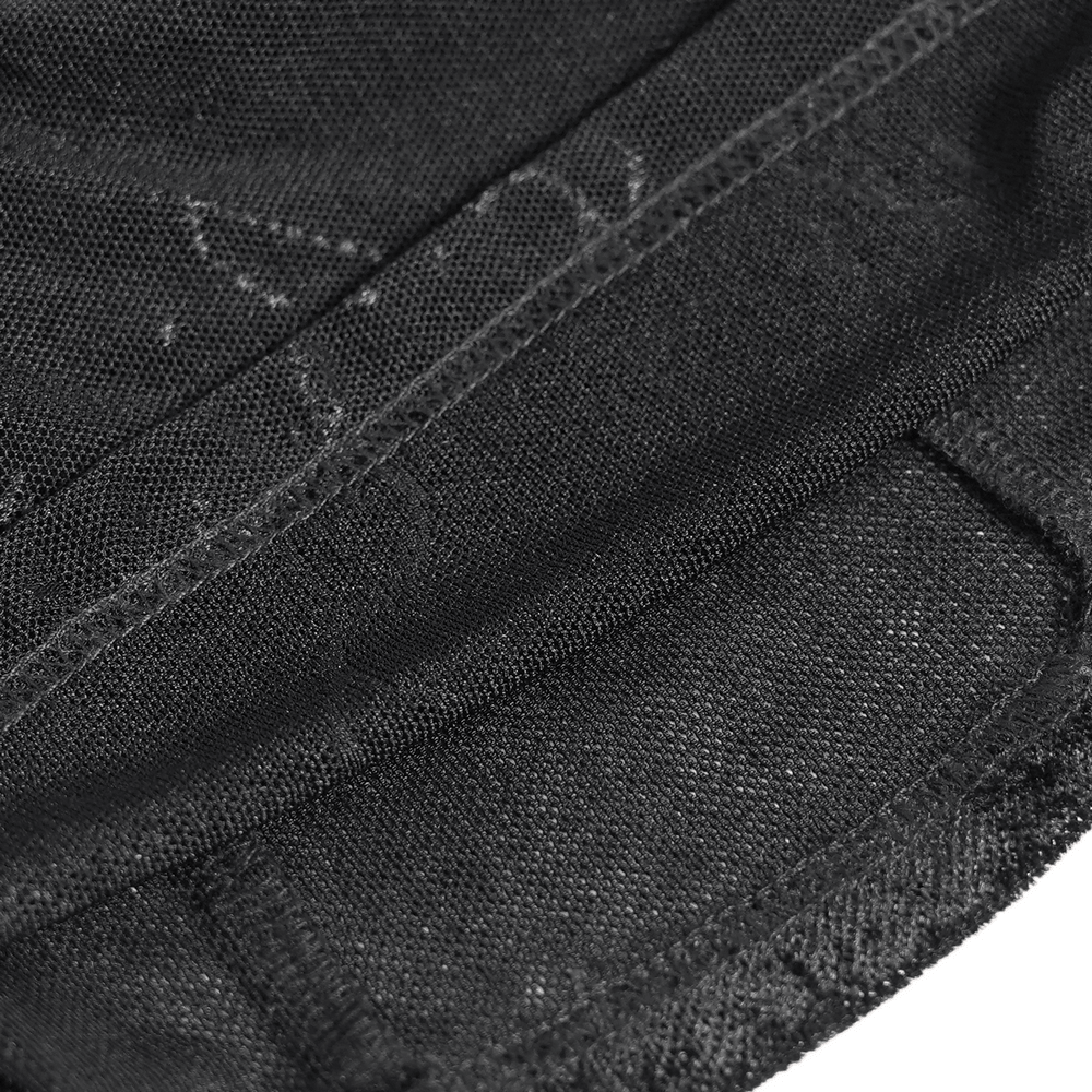 Close-up of Black Gothic Mesh Short-Sleeved Top with Chains and Lacing showing intricate details and lace.