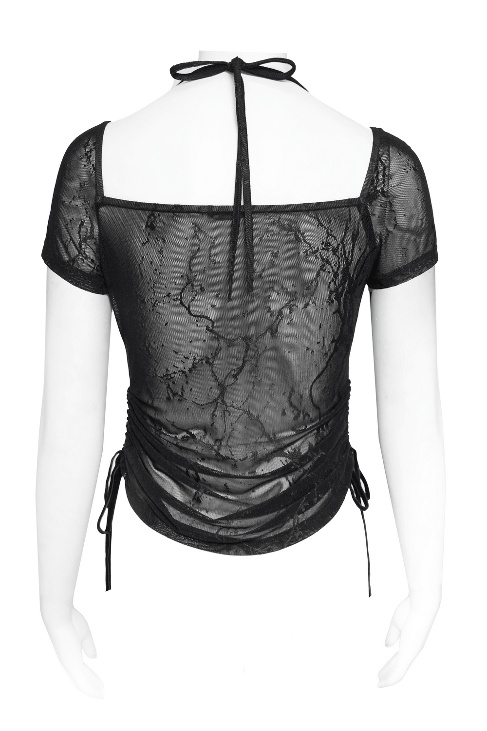 Black Gothic Mesh Short-Sleeved Top with Chains and Lacing showcased from the back, highlighting its unique design.