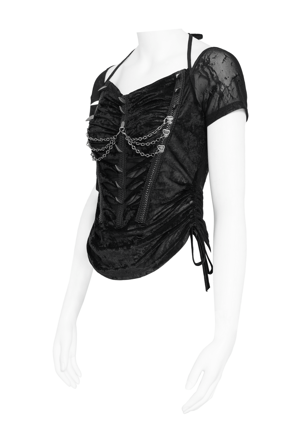 Black Gothic Mesh Short-Sleeved Top with Chains and Lacing featuring lace-up design and chain accents.