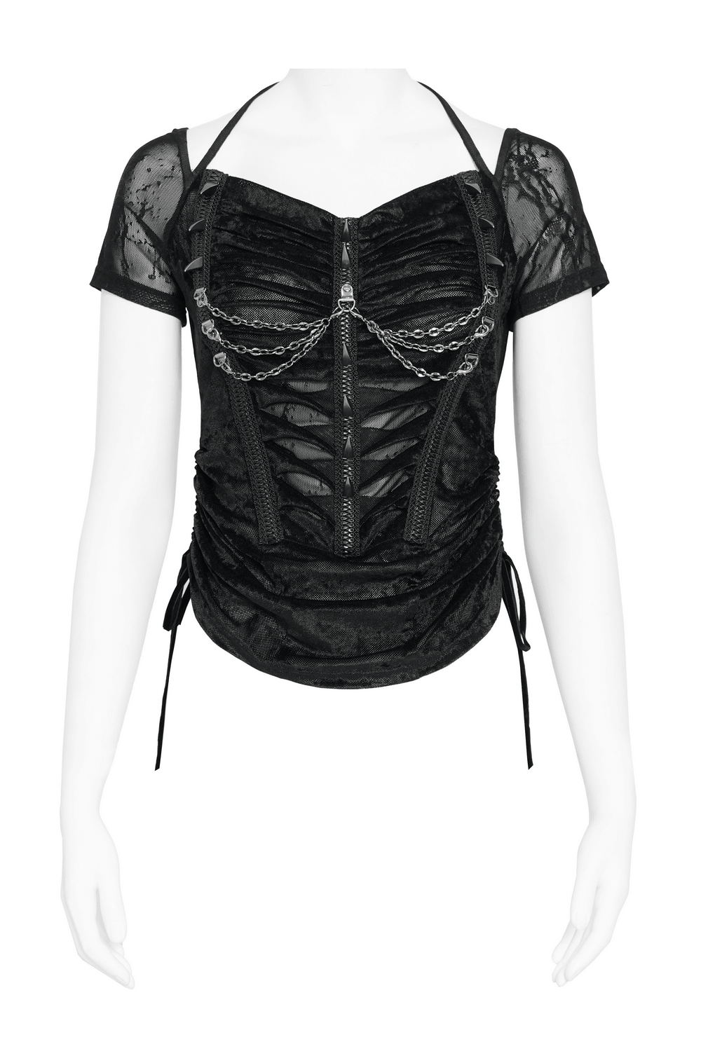 Black Gothic Mesh Short-Sleeved Top with Chains and Lacing displayed on a mannequin.