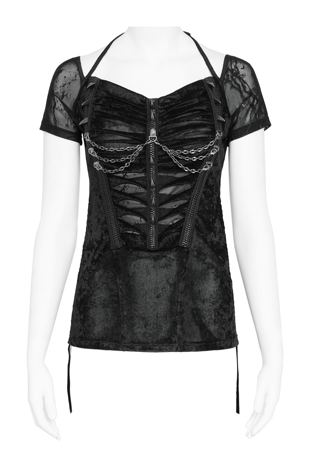 Black Gothic Mesh Short-Sleeved Top with Chains and Lacing featuring intricate lacing and chain details.