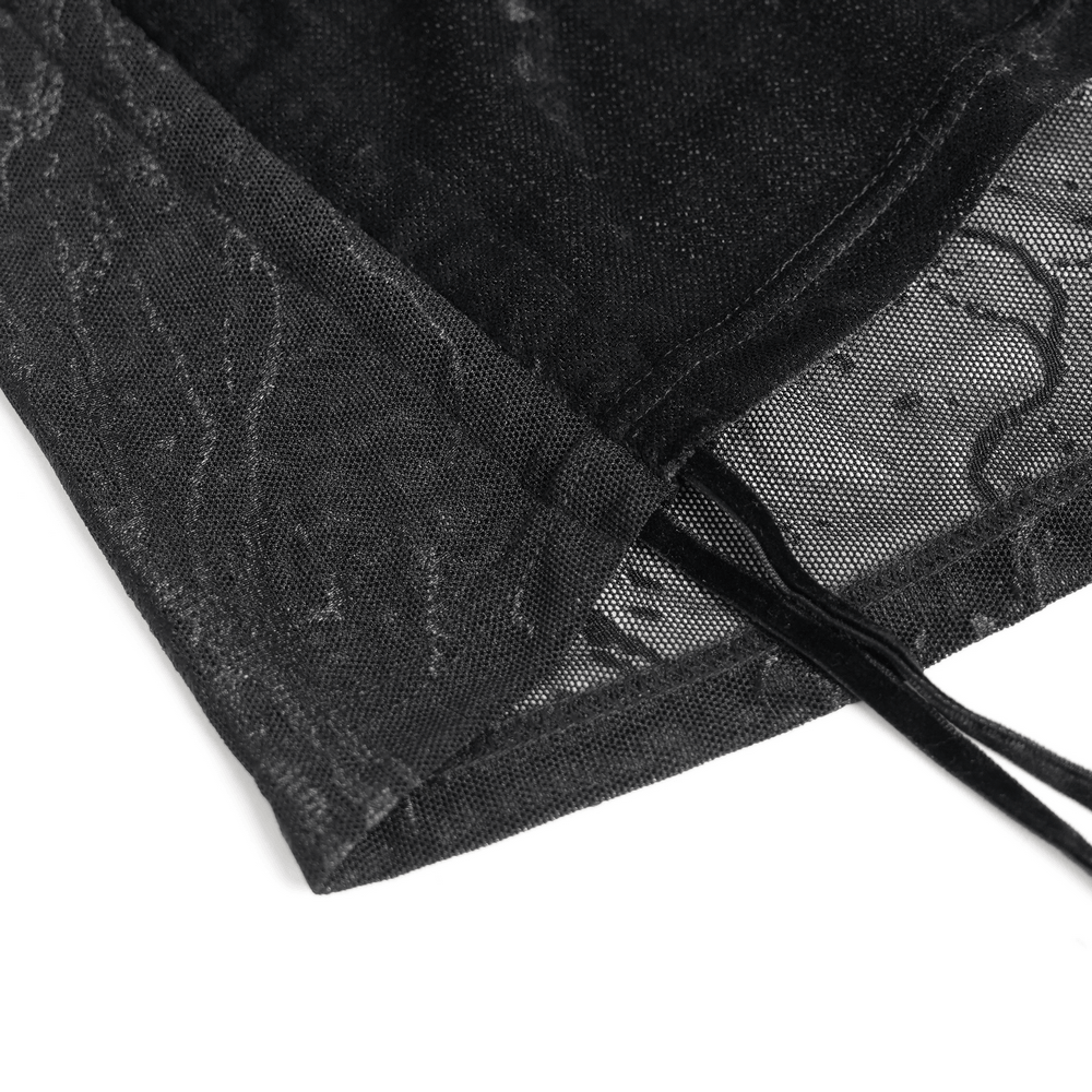 Close-up of the Black Gothic Mesh Short-Sleeved Top with Chains and Lacing showcasing its intricate lacing and mesh details.