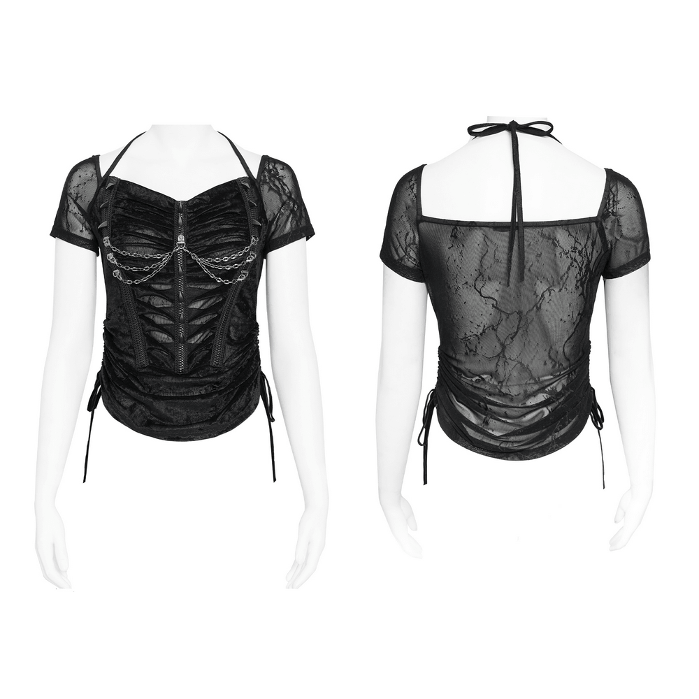 Black Gothic Mesh Short-Sleeved Top with Chains and Lacing displayed from front and back views.