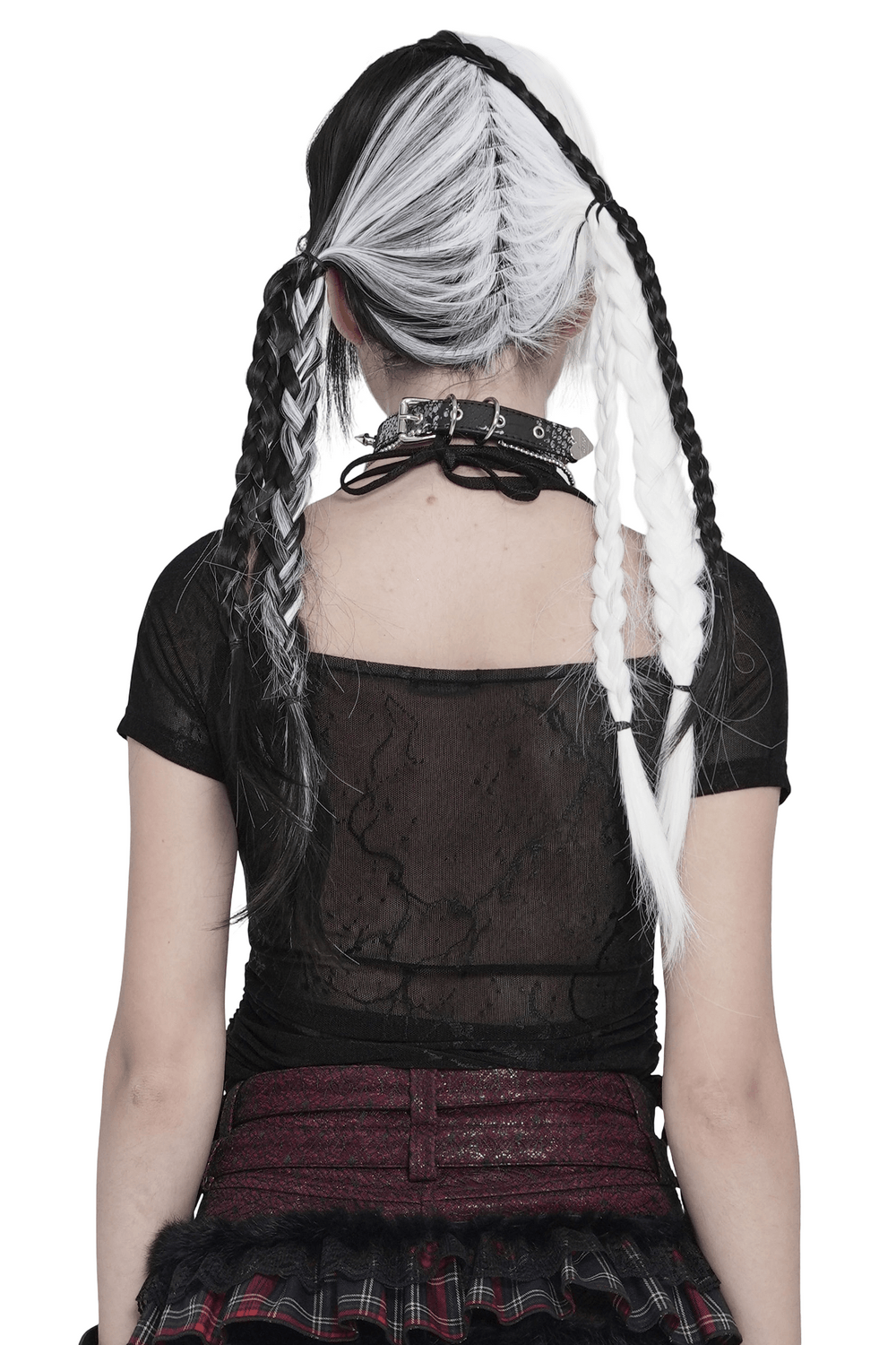 Black Gothic Mesh Short-Sleeved Top with Chains and Lacing worn from the back, showcasing unique hairstyle.