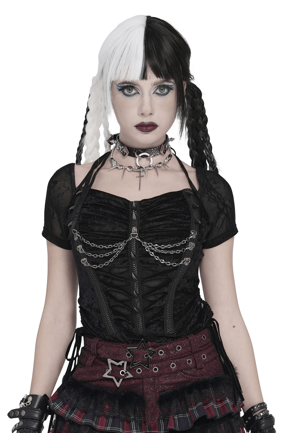 Black Gothic Mesh Short-Sleeved Top with Chains and Lacing worn by a model in a striking gothic outfit.