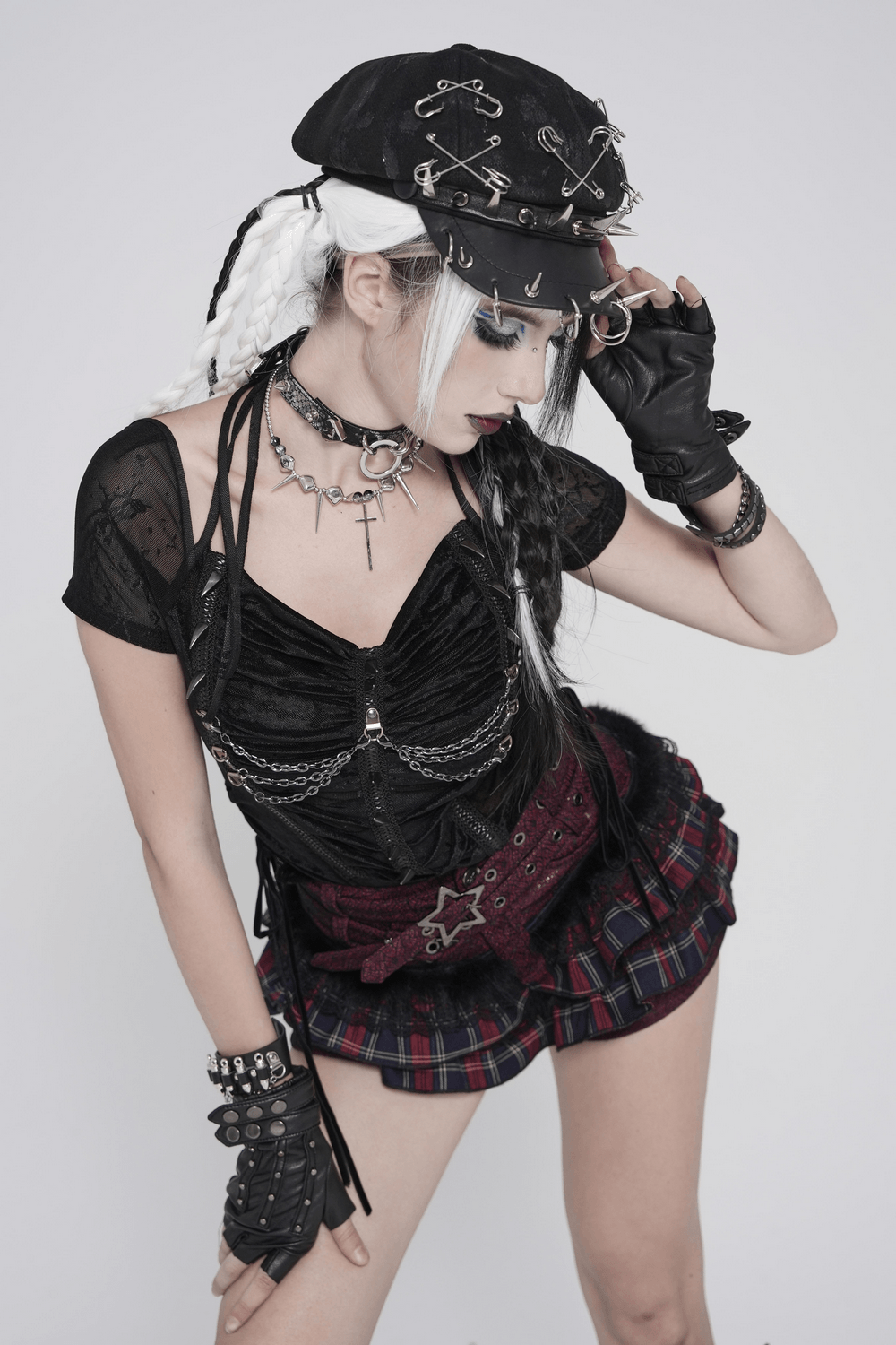 Black Gothic Mesh Short-Sleeved Top with Chains and Lacing worn with gothic accessories.