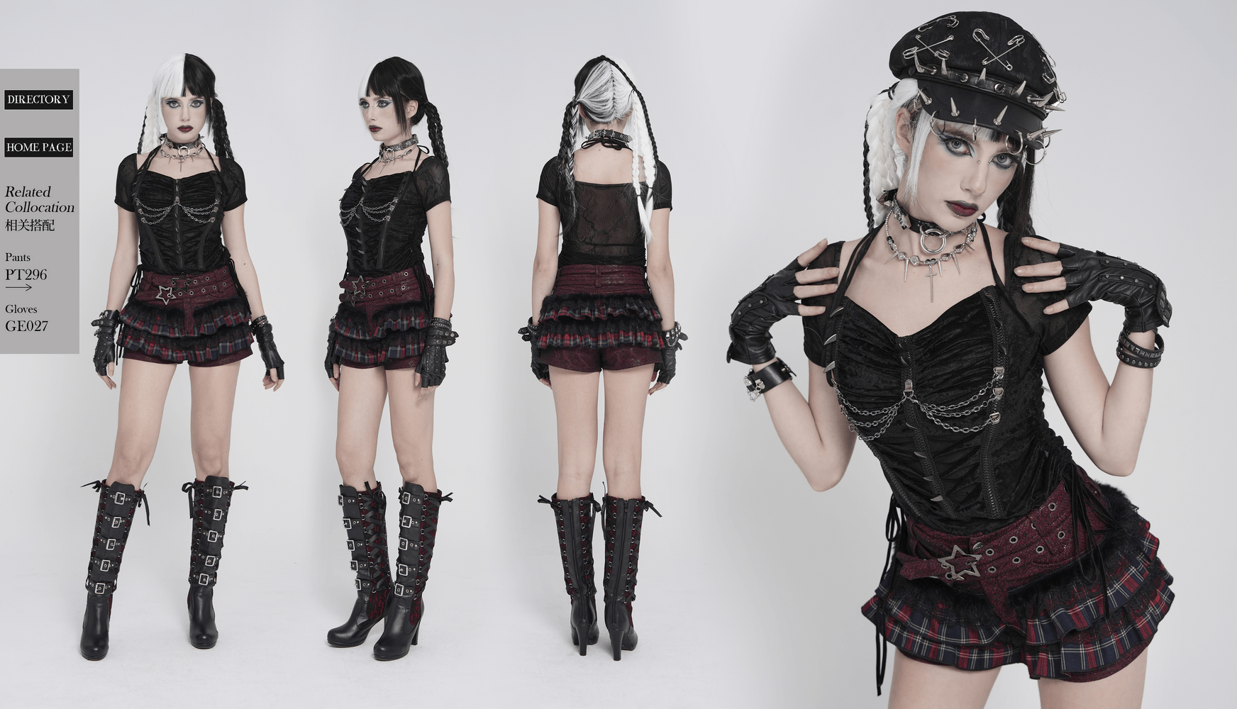 Black Gothic Mesh Short-Sleeved Top with Chains and Lacing showcased with striking accessories and attire.