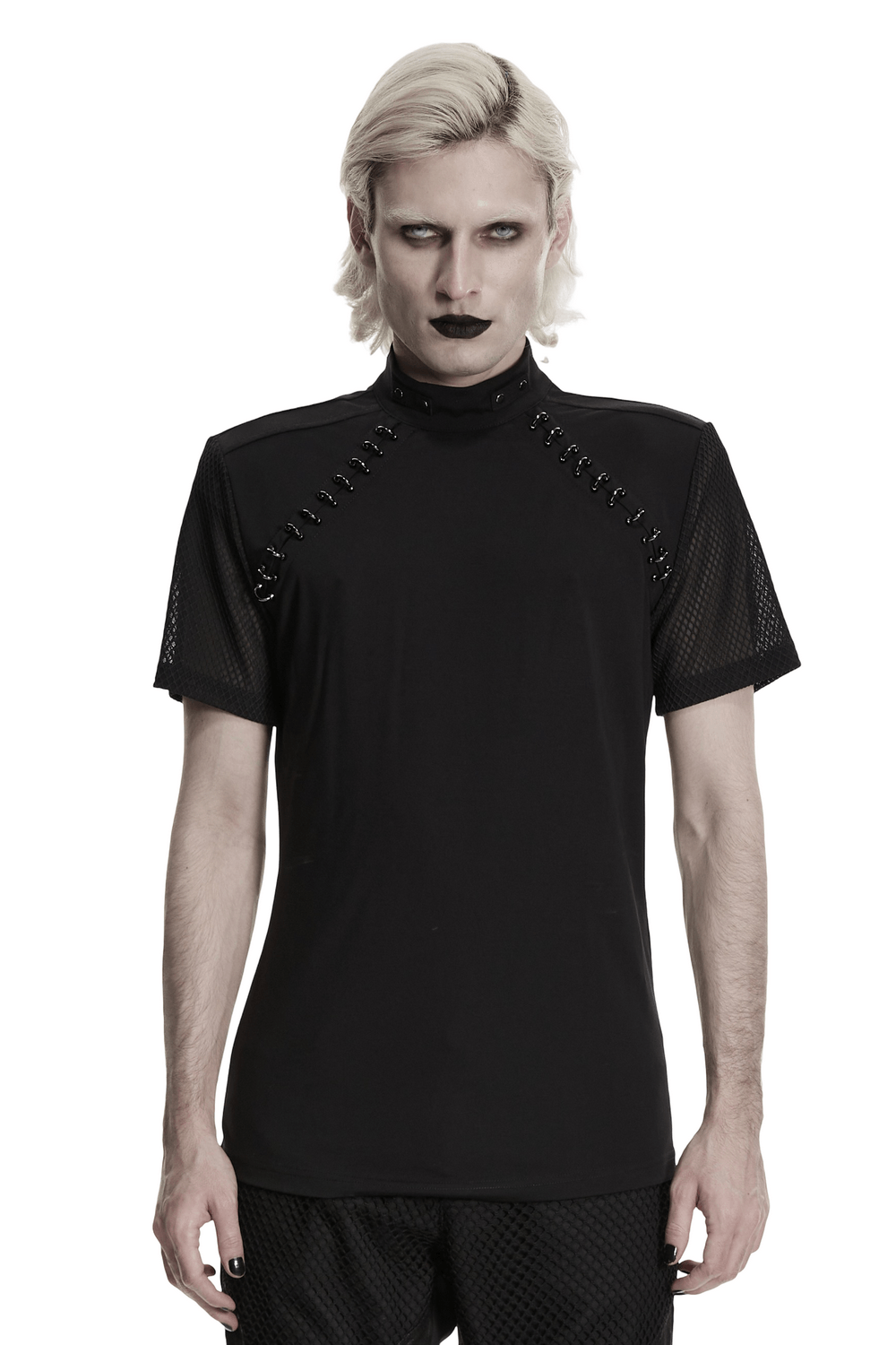 Black Gothic Mesh Sleeve Punk High Neck T-Shirt