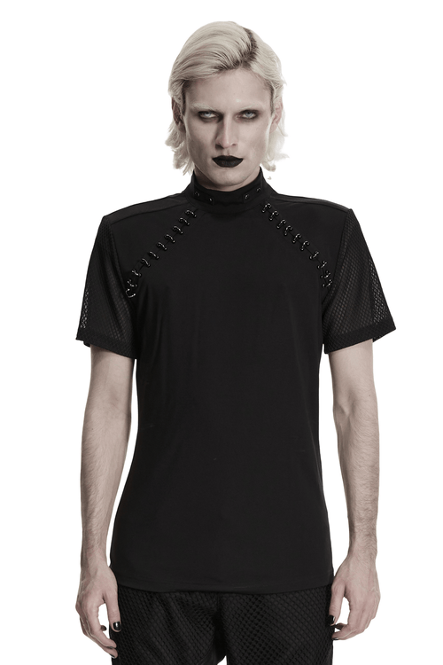 Camiseta punk de cuello alto con mangas de malla gótica negra