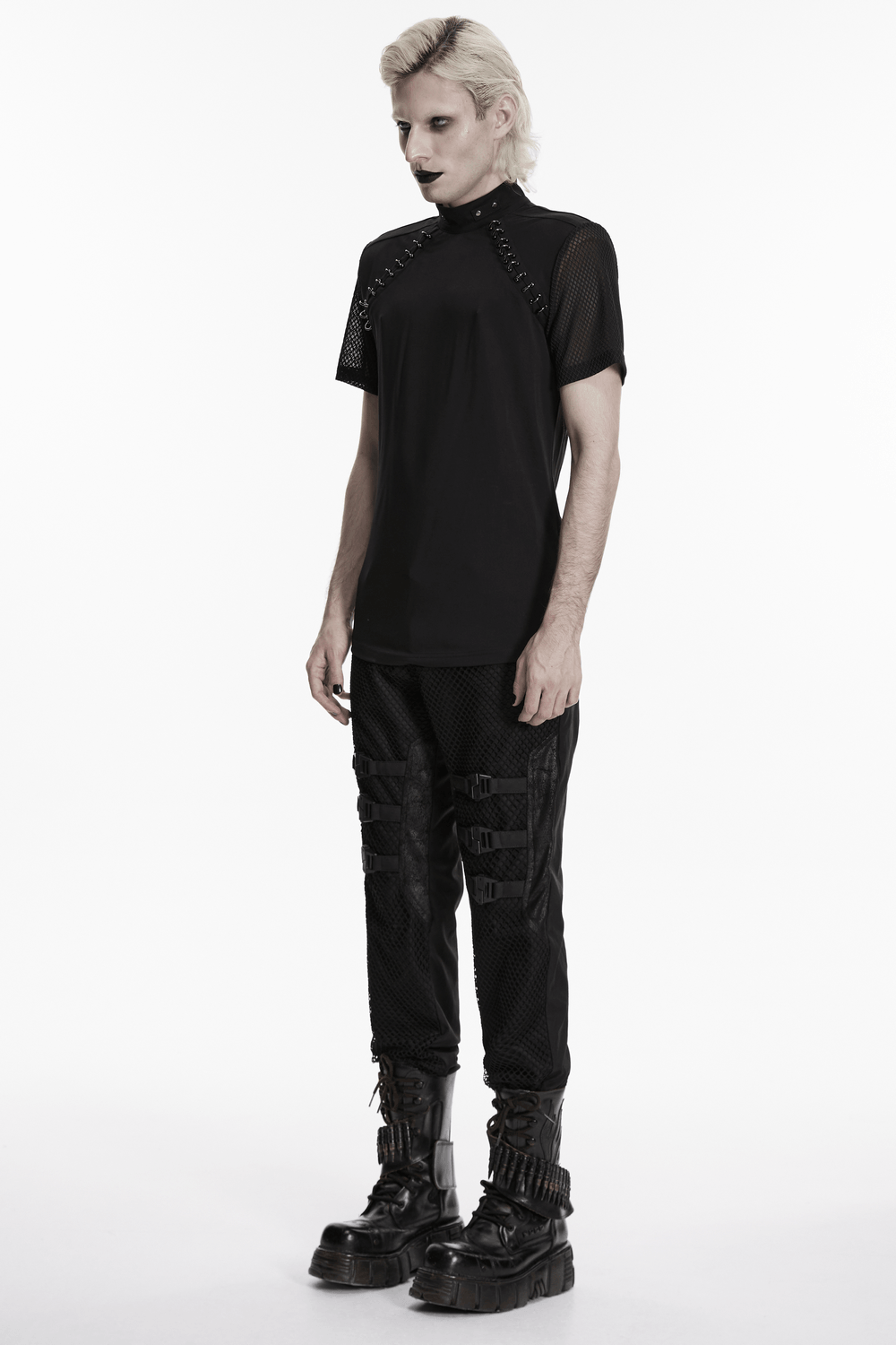 Black Gothic Mesh Sleeve Punk High Neck T-Shirt
