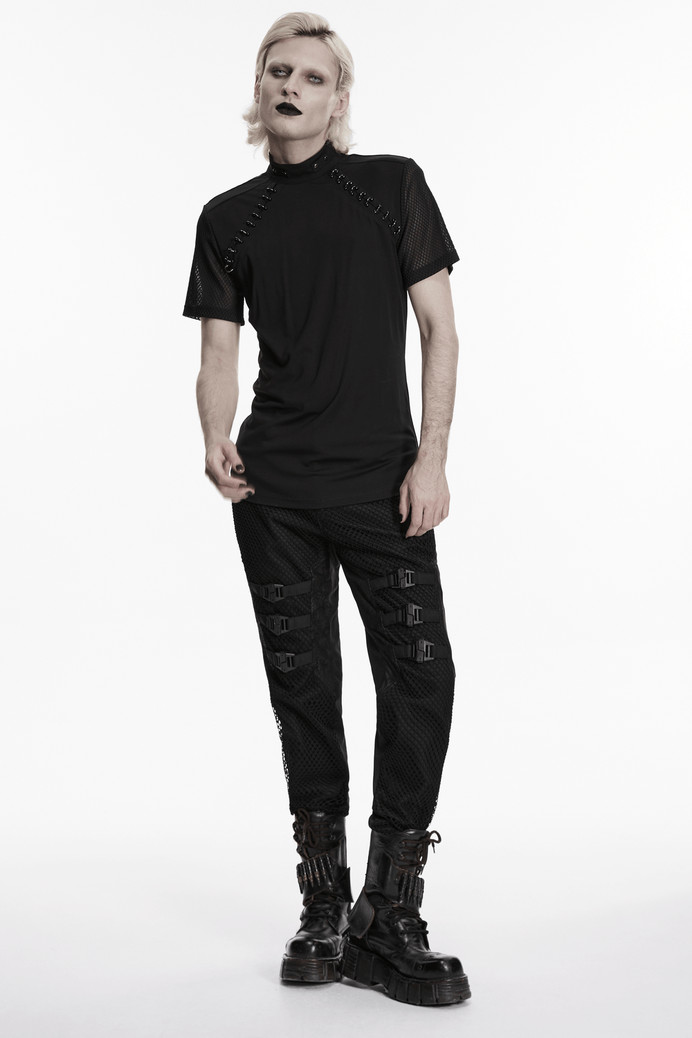 Black Gothic Mesh Sleeve Punk High Neck T-Shirt
