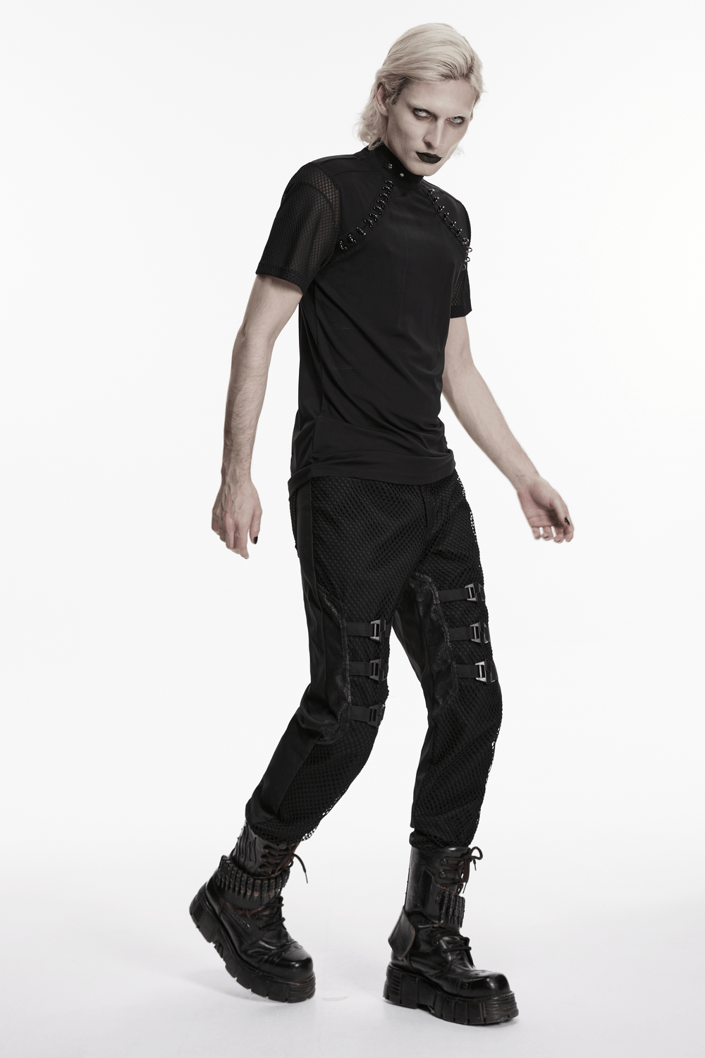 Black Gothic Mesh Sleeve Punk High Neck T-Shirt