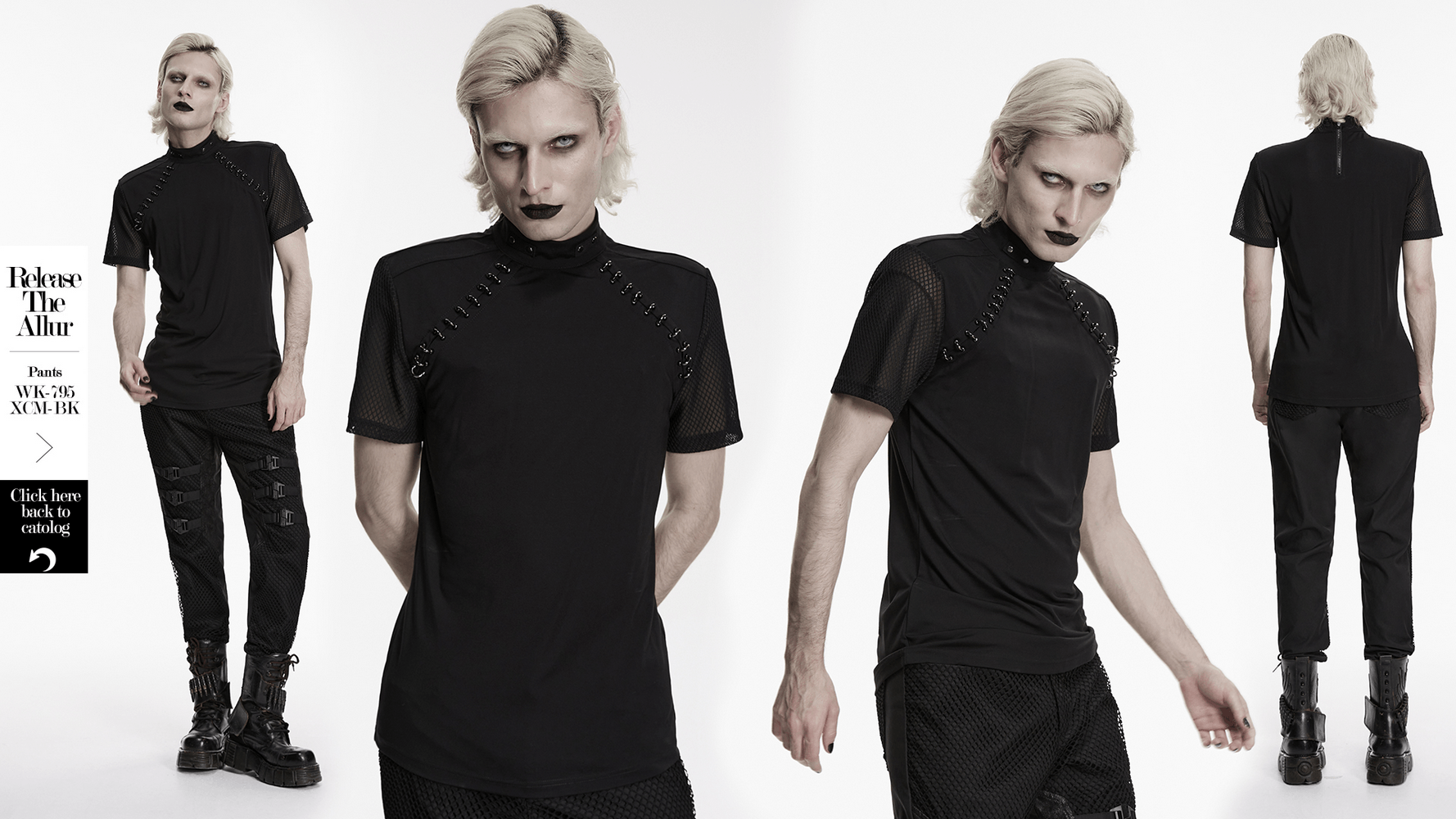 Black Gothic Mesh Sleeve Punk High Neck T-Shirt